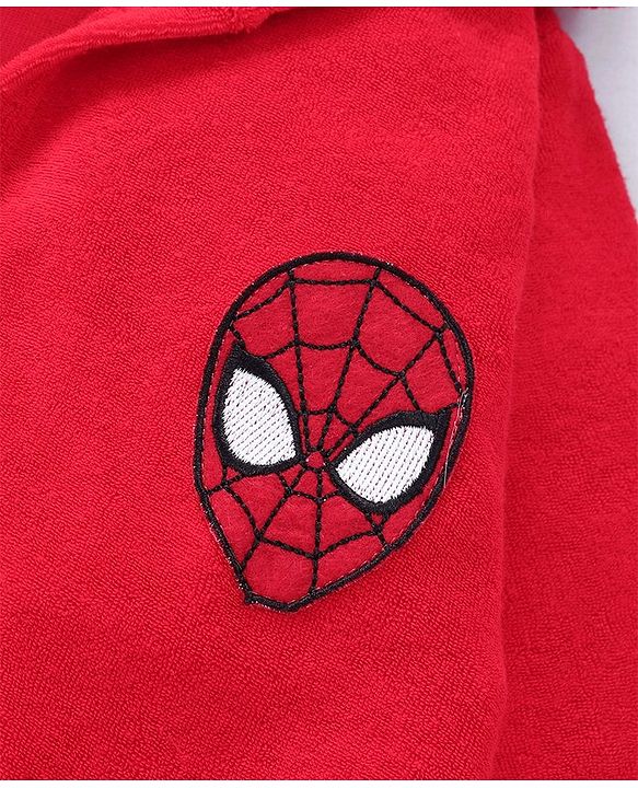 Babyhug Marvel  Terry Knit Hooded Full Sleeves Bath Robe With Pockets and Spider-Man Graphics - Red