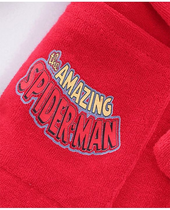 Babyhug Marvel  Terry Knit Hooded Full Sleeves Bath Robe With Pockets and Spider-Man Graphics - Red