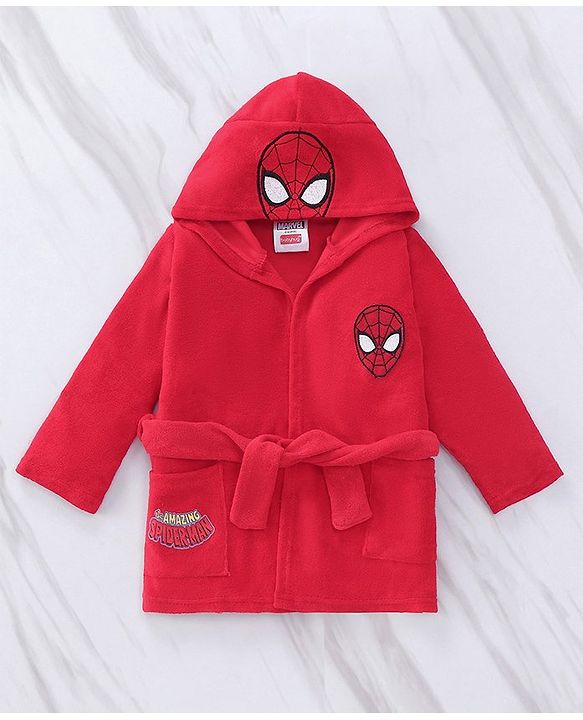Babyhug Marvel  Terry Knit Hooded Full Sleeves Bath Robe With Pockets and Spider-Man Graphics - Red