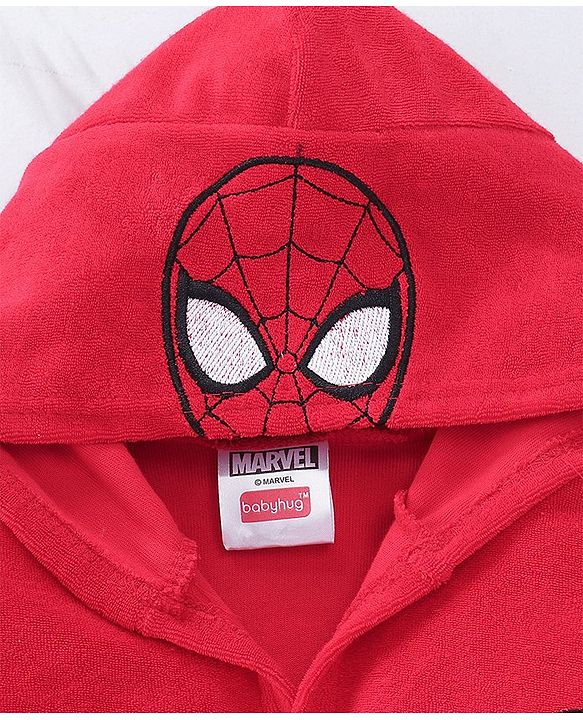 Babyhug Marvel  Terry Knit Hooded Full Sleeves Bath Robe With Pockets and Spider-Man Graphics - Red