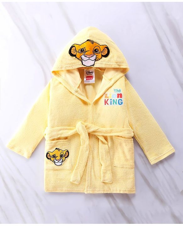 Babyhug Disney Terry Knit Hooded Bath Robe With Pockets & Lion King Graphics - Yellow