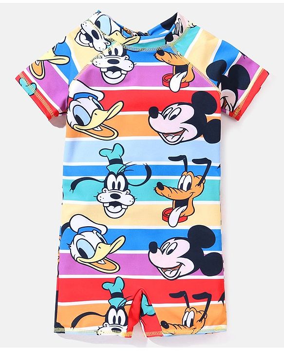 Babyhug Disney Half Sleeves Legged Swimsuit with Mickey Mouse Print - Multicolour