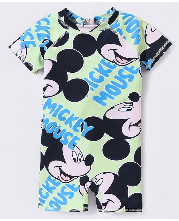 Babyhug Disney Raglan Sleeves Legged Swimsuit With Mickey Mouse Graphics - Green