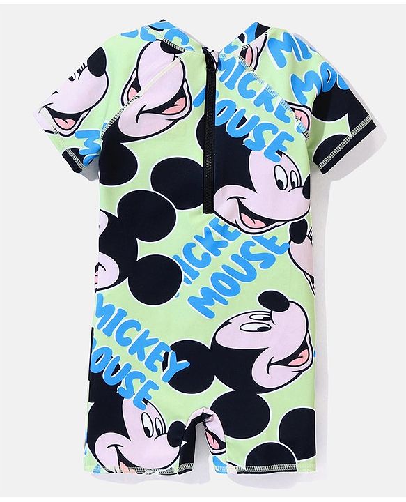 Babyhug Disney Raglan Sleeves Legged Swimsuit With Mickey Mouse Graphics - Green