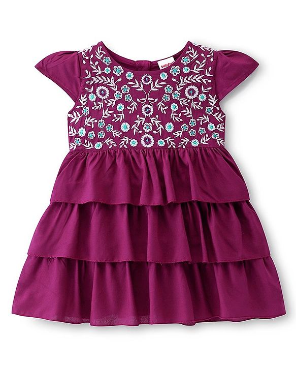 Babyhug Rayon Woven Cap Sleeves Layered Frock with Floral Embroidery - Wine