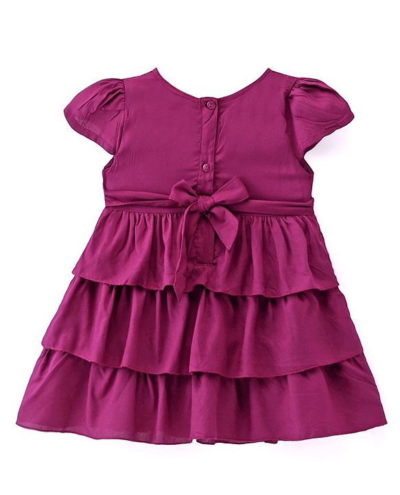 Babyhug Rayon Woven Cap Sleeves Layered Frock with Floral Embroidery - Wine