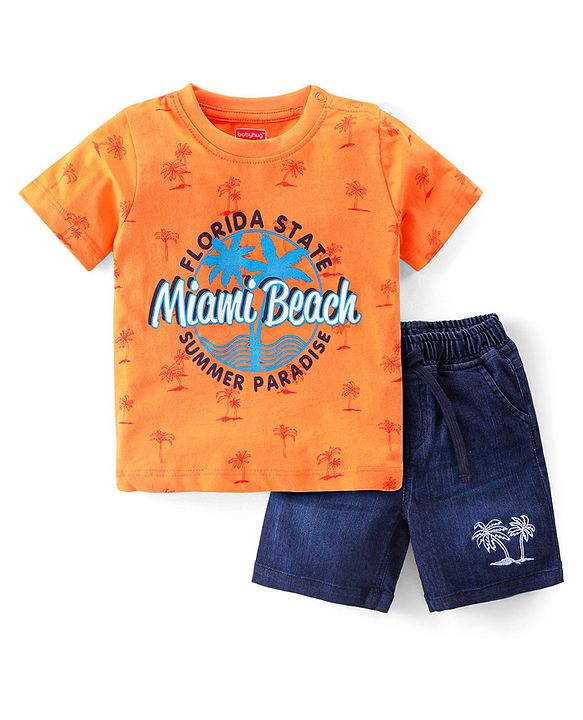 Babyhug Single Jersey Knit Half Sleeves T-Shirt & Denim Short Set with Palm Tree Print - Orange & Blue