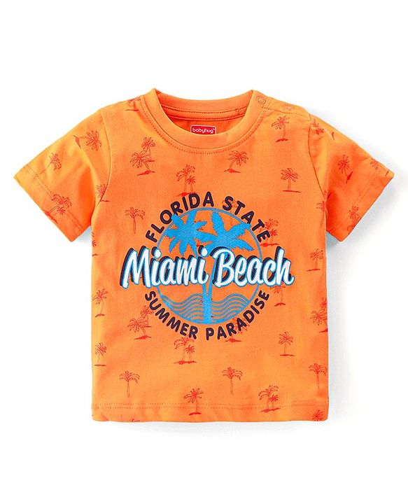 Babyhug Single Jersey Knit Half Sleeves T-Shirt & Denim Short Set with Palm Tree Print - Orange & Blue