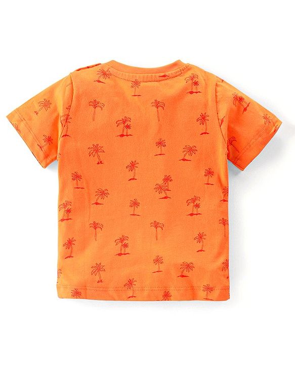 Babyhug Single Jersey Knit Half Sleeves T-Shirt & Denim Short Set with Palm Tree Print - Orange & Blue