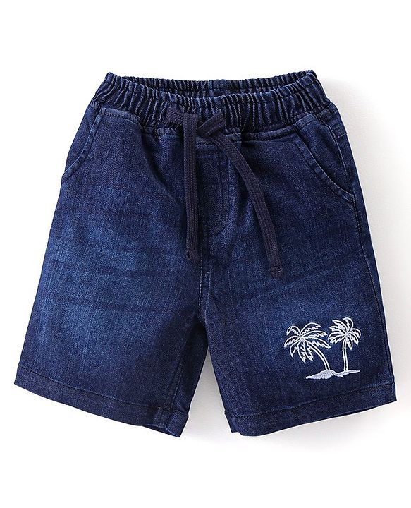 Babyhug Single Jersey Knit Half Sleeves T-Shirt & Denim Short Set with Palm Tree Print - Orange & Blue