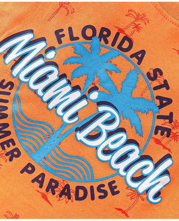 Babyhug Single Jersey Knit Half Sleeves T-Shirt & Denim Short Set with Palm Tree Print - Orange & Blue