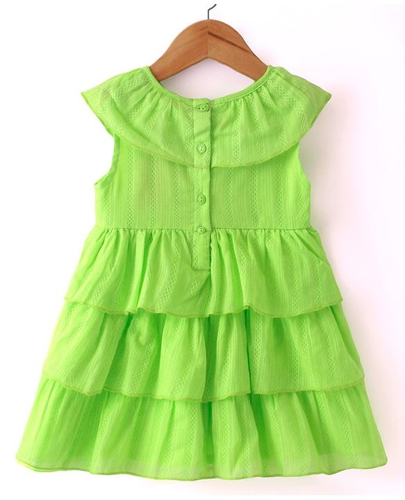 Babyhug Cotton Sleeveless Layered Textured Frock with Frill Detailing - Lime Green