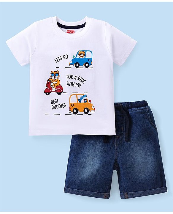 Babyhug Cotton Knit Half Sleeves T-Shirt & Denim Shorts Set With  Animals Print - White & Blue