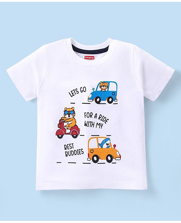 Babyhug Cotton Knit Half Sleeves T-Shirt & Denim Shorts Set With  Animals Print - White & Blue