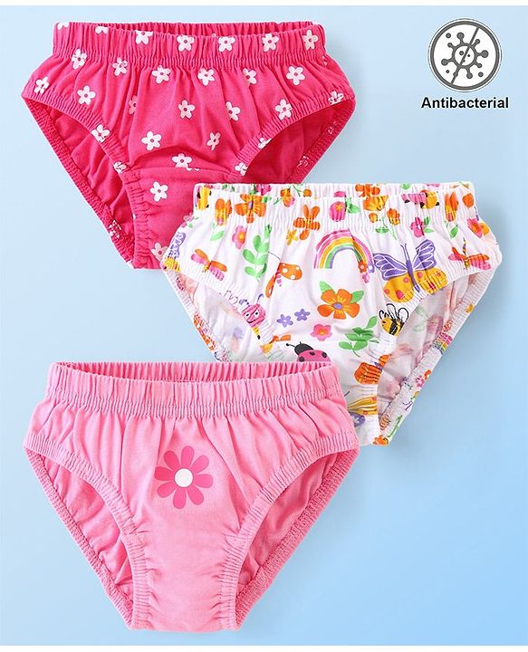 Babyhug 100% Cotton Antibacterial Panties Floral Print Pack Of 3 - Pink & White