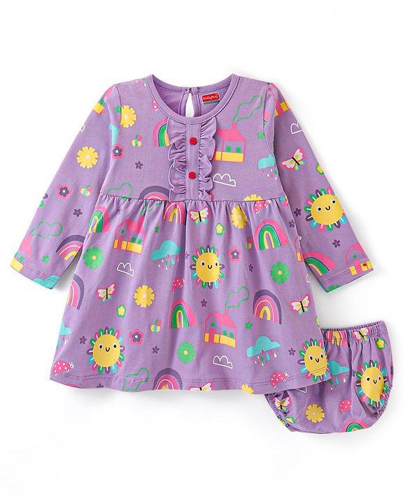 Babyhug Cotton Jersey Knit Full Sleeves Sunshine & Floral Printed Frock with Bloomer - Lavender