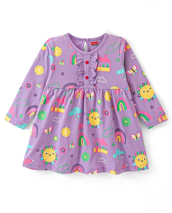 Babyhug Cotton Jersey Knit Full Sleeves Sunshine & Floral Printed Frock with Bloomer - Lavender