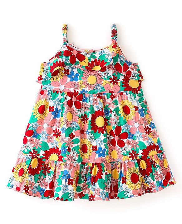 Babyhug 100% Cotton Knit Sleeveless Frock With Floral Print & Frill Detailing- Multicolor