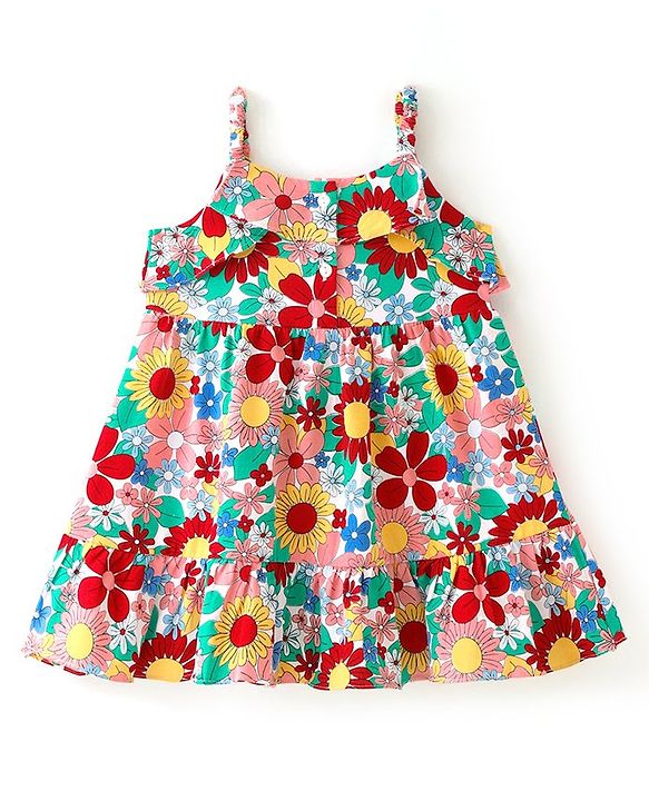Babyhug 100% Cotton Knit Sleeveless Frock With Floral Print & Frill Detailing- Multicolor