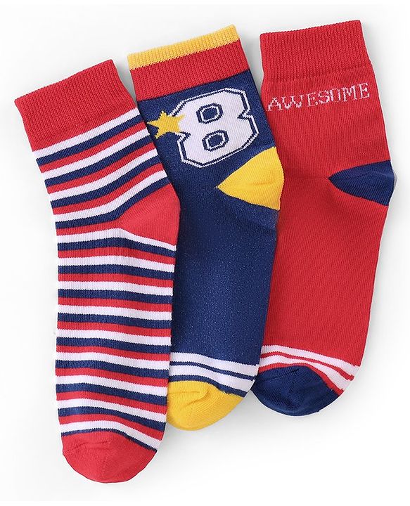 Pine Kids High Ankle Length Socks Text and Stripes Print Pack of 3 - Multicolor