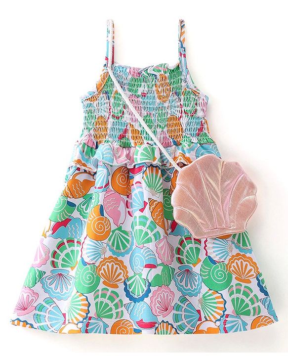 Babyhug Cotton Jersey Knit Singlet Sleeves Frock Shell Print With Sling Bag - White