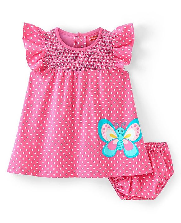 Babyhug Cotton Jersey Knit Frill Sleeves  Frock with Bloomer Polka Dots & Butterfly Print   - Pink