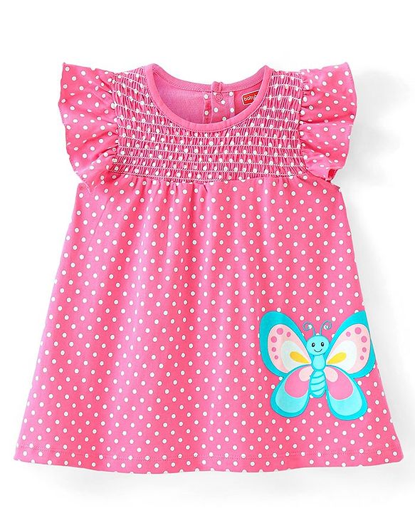 Babyhug Cotton Jersey Knit Frill Sleeves  Frock with Bloomer Polka Dots & Butterfly Print   - Pink
