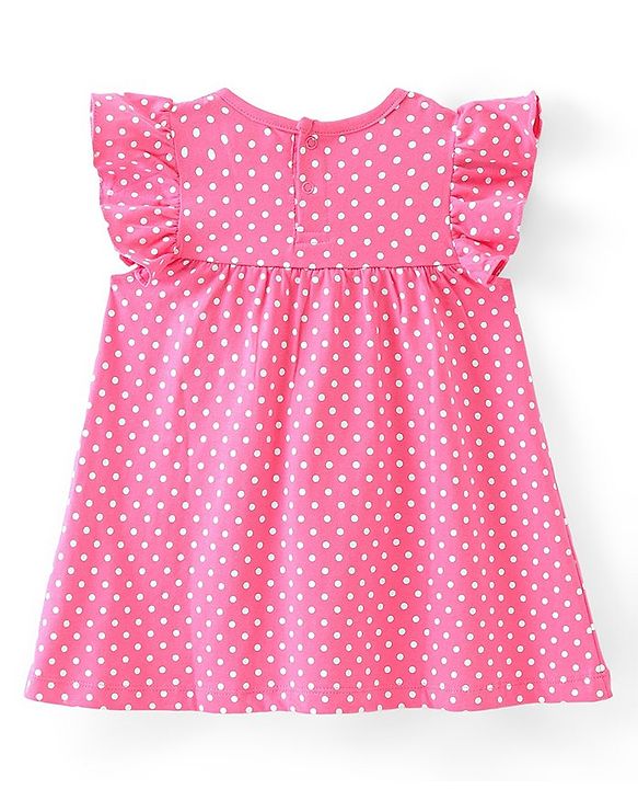 Babyhug Cotton Jersey Knit Frill Sleeves  Frock with Bloomer Polka Dots & Butterfly Print   - Pink