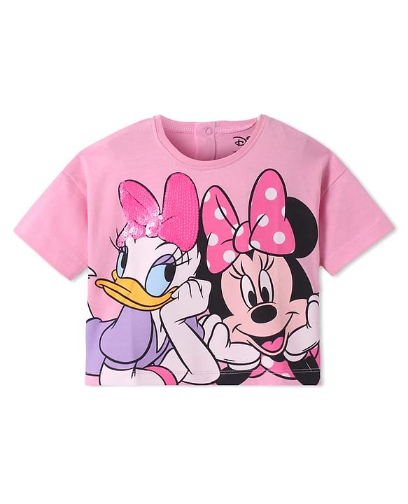 Babyhug Disney Cotton Knit Half Drop Shoulder Sleeves T-Shirt with Minnie Mouse Graphics & Sequin Detailing - Pink