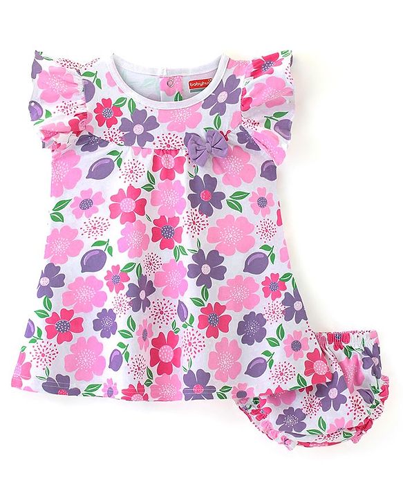 Babyhug Cotton Jersey Knit Half Sleeves  Frock with Bloomer Floral Print - White