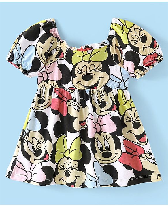 Babyhug Disney Interlock Puffed Sleeves Frock With Disney Minnie Mouse Print - White