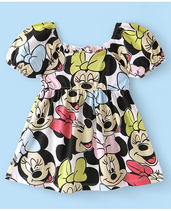 Babyhug Disney Interlock Puffed Sleeves Frock With Disney Minnie Mouse Print - White
