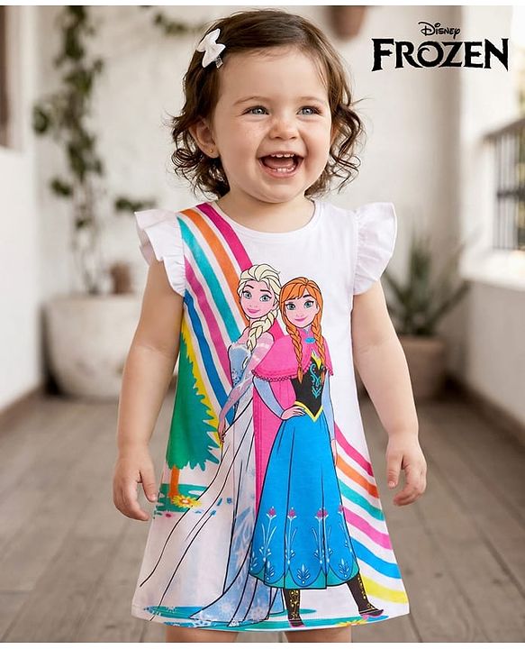 Babyhug Disney Cotton Knit Frill Sleeves Nighty with Disney Frozen Print - White