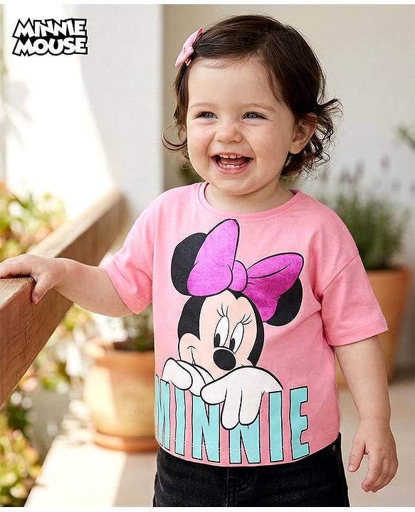 Babyhug Disney Cotton Knit Half Sleeves Top with Minnie Mouse Graphics - Pink