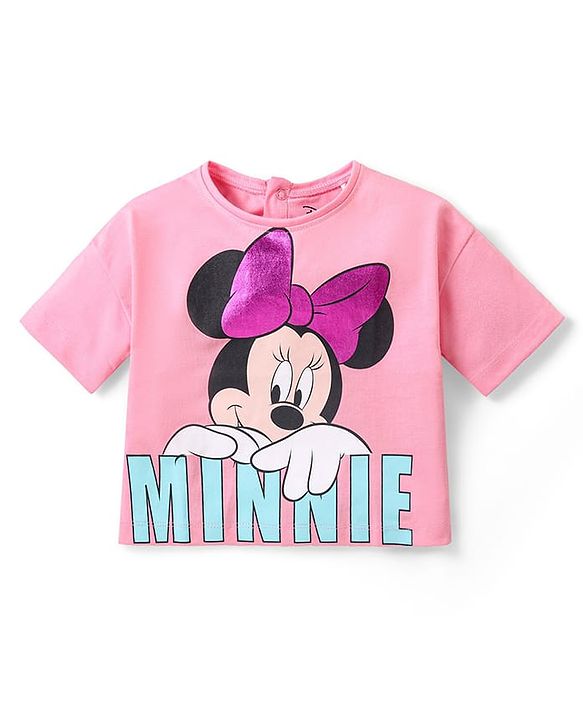 Babyhug Disney Cotton Knit Half Sleeves Top with Minnie Mouse Graphics - Pink