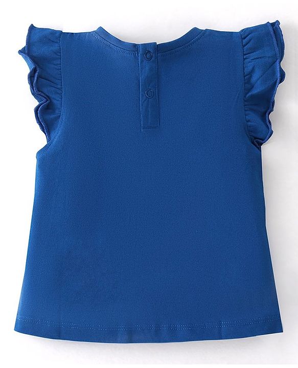 Babyhug Disney Cotton Knit Frill Sleeves Top With Minnie Mouse Print & Sequin Detailing - Blue