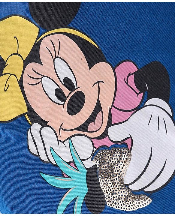 Babyhug Disney Cotton Knit Frill Sleeves Top With Minnie Mouse Print & Sequin Detailing - Blue