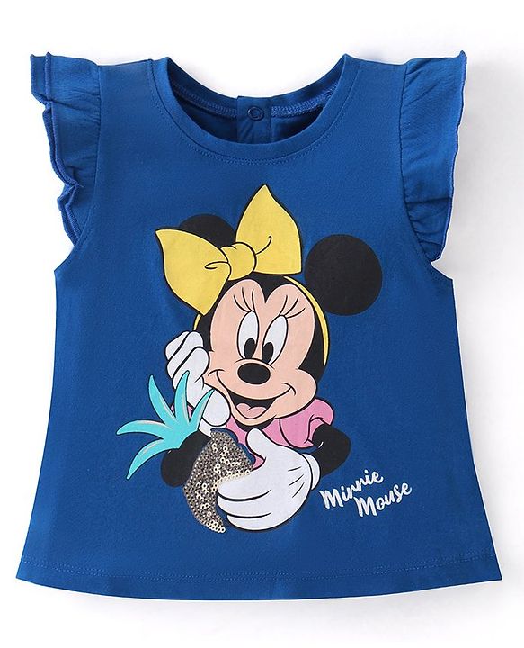 Babyhug Disney Cotton Knit Frill Sleeves Top With Minnie Mouse Print & Sequin Detailing - Blue