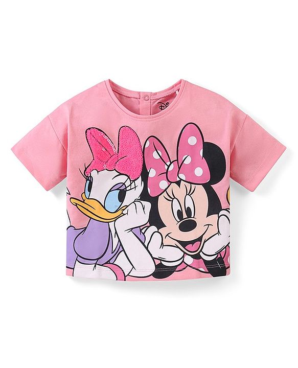 Babyhug Disney Cotton Knit Half Sleeves Oversize T-Shirt with Minnie Mouse Graphics and Sequins Detailing- Pink