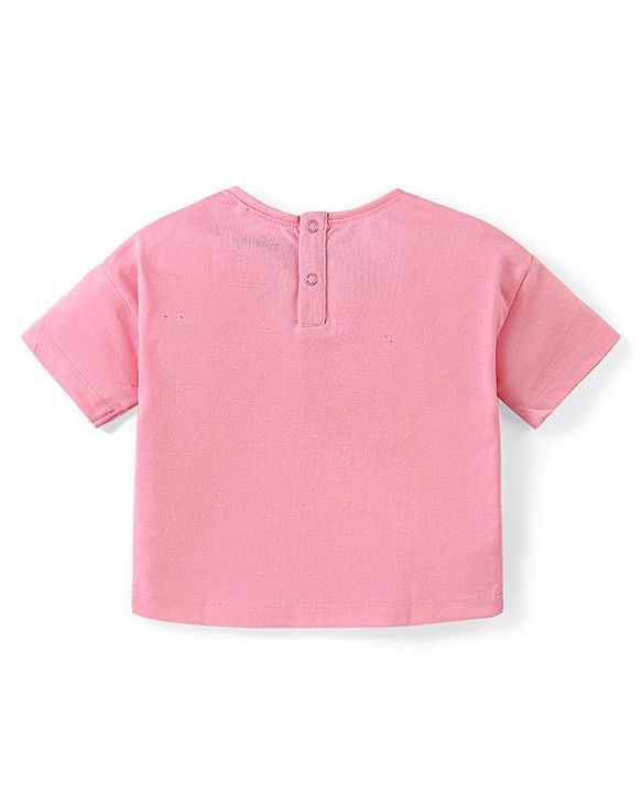 Babyhug Disney Cotton Knit Half Sleeves Oversize T-Shirt with Minnie Mouse Graphics and Sequins Detailing- Pink