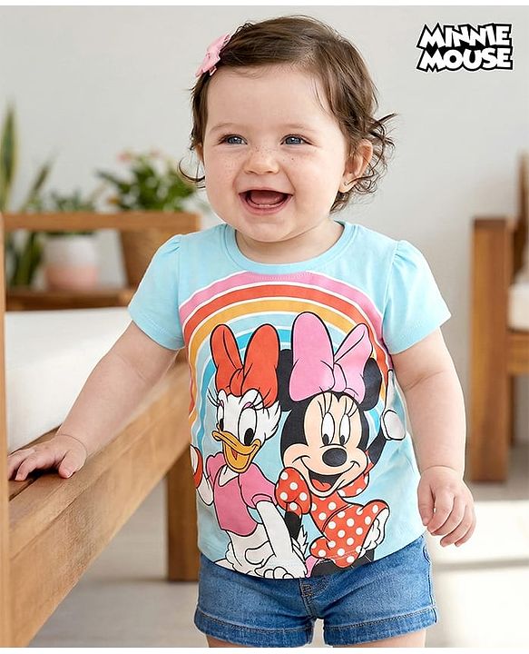 Babyhug Disney Cotton Knit Half Sleeves Top with Minnie Mouse Graphics - Blue