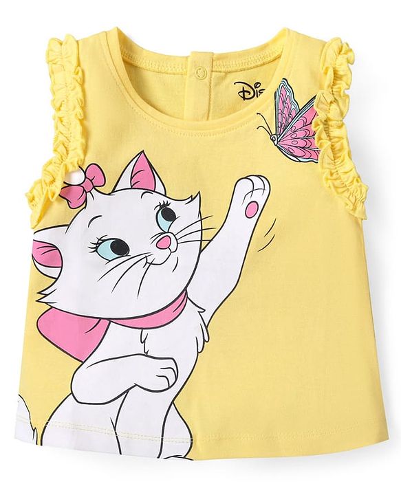 Babyhug Disney Cotton Knit Sleeveless Top with Frill Detailing & Aristocat Marie Graphics - Yellow