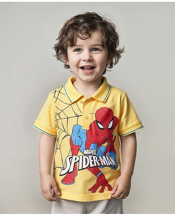 Babyhug Marvel Cotton Knit Half Sleeves Regular Collar T-Shirt with Spiderman Graphics - Yellow