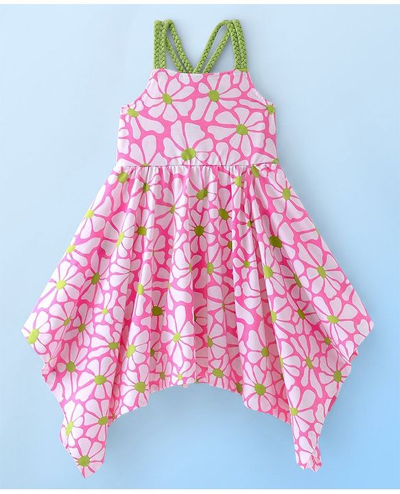 Babyhug Cotton Jersey Singlet Asymmetrical Frock with Floral Print - Pink