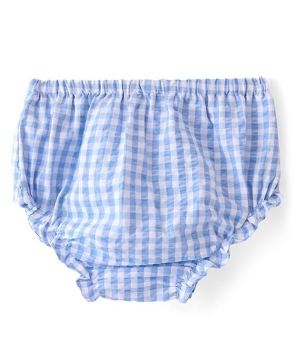 Babyhug Cotton Woven Half Sleeves Checks Frock with Bloomer & Headband Floral Embroidery - Blue