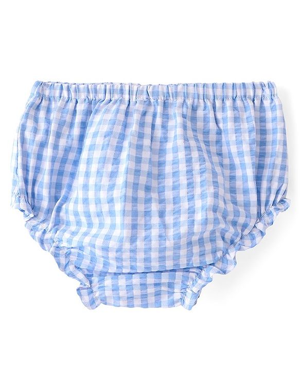 Babyhug Cotton Woven Half Sleeves Checks Frock with Bloomer & Headband Floral Embroidery - Blue