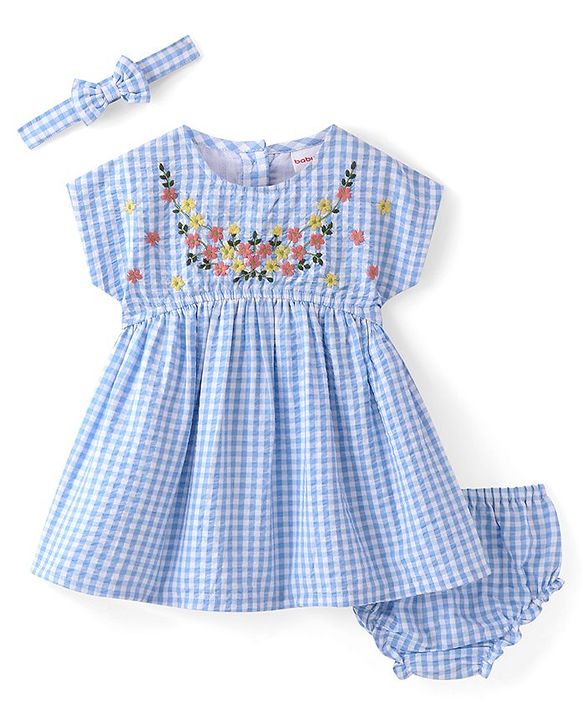 Babyhug Cotton Woven Half Sleeves Checks Frock with Bloomer & Headband Floral Embroidery - Blue