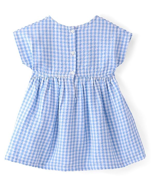 Babyhug Cotton Woven Half Sleeves Checks Frock with Bloomer & Headband Floral Embroidery - Blue