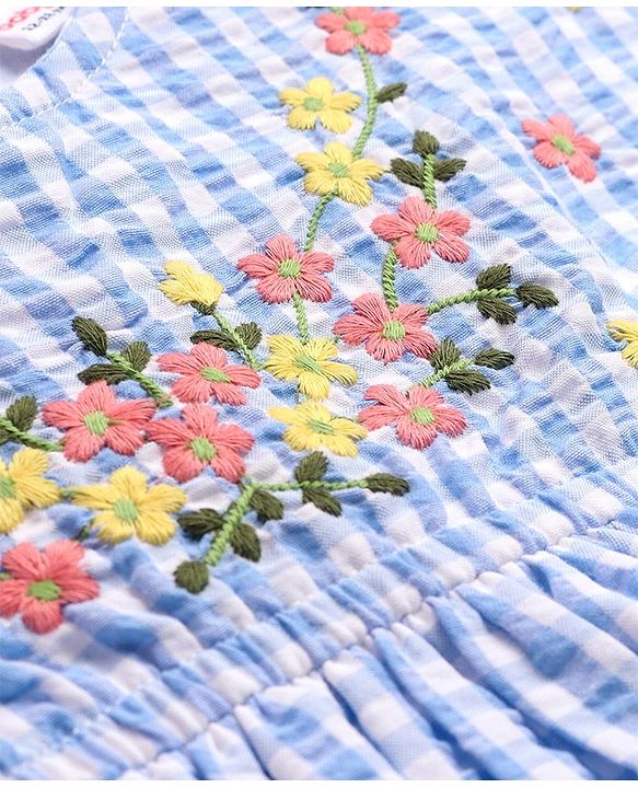 Babyhug Cotton Woven Half Sleeves Checks Frock with Bloomer & Headband Floral Embroidery - Blue