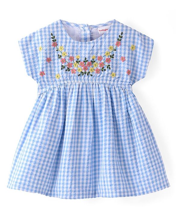 Babyhug Cotton Woven Half Sleeves Checks Frock with Bloomer & Headband Floral Embroidery - Blue